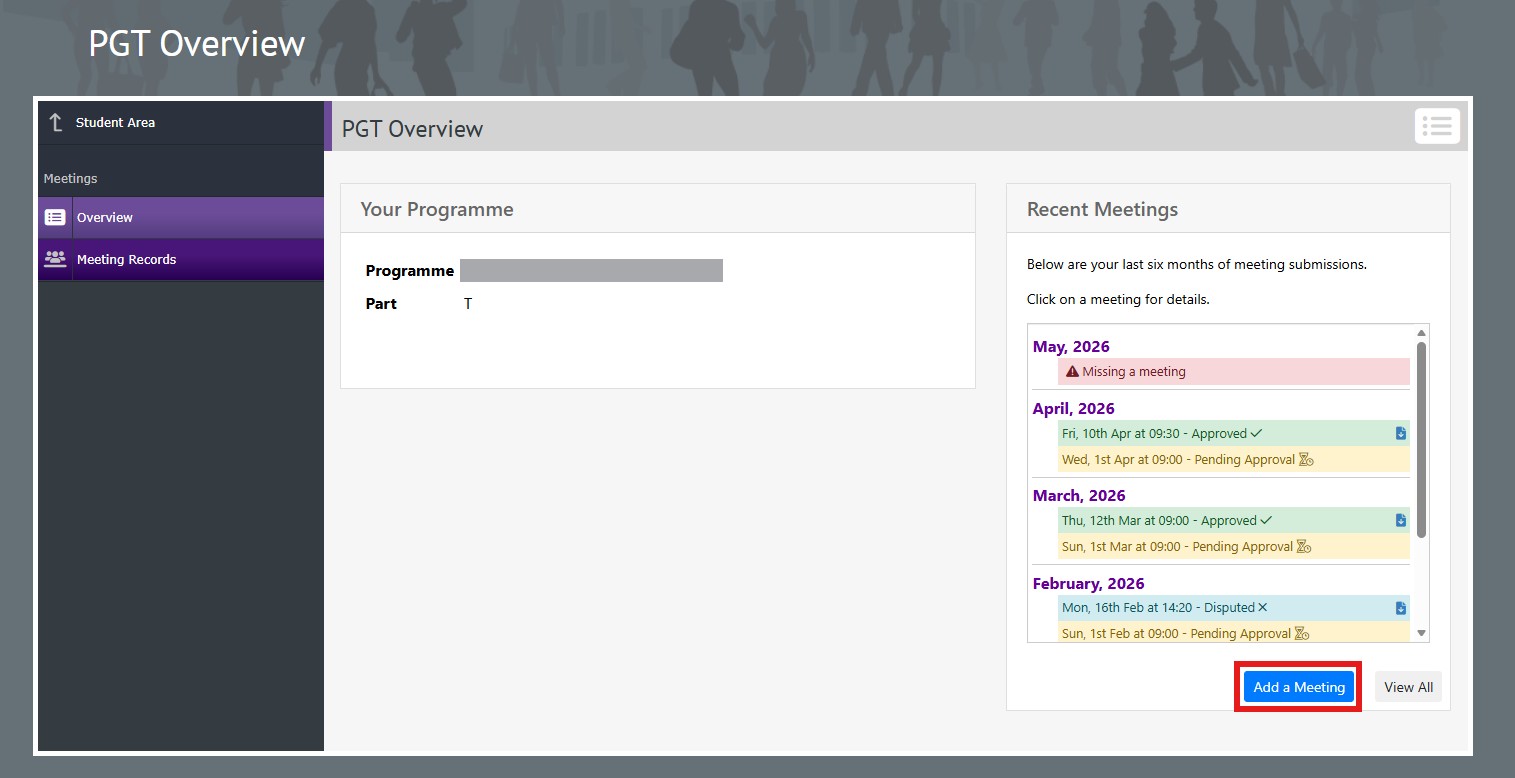 Screen grab of Co-Tutor dashboard for Postgraduate Taught students showing recent meetings.